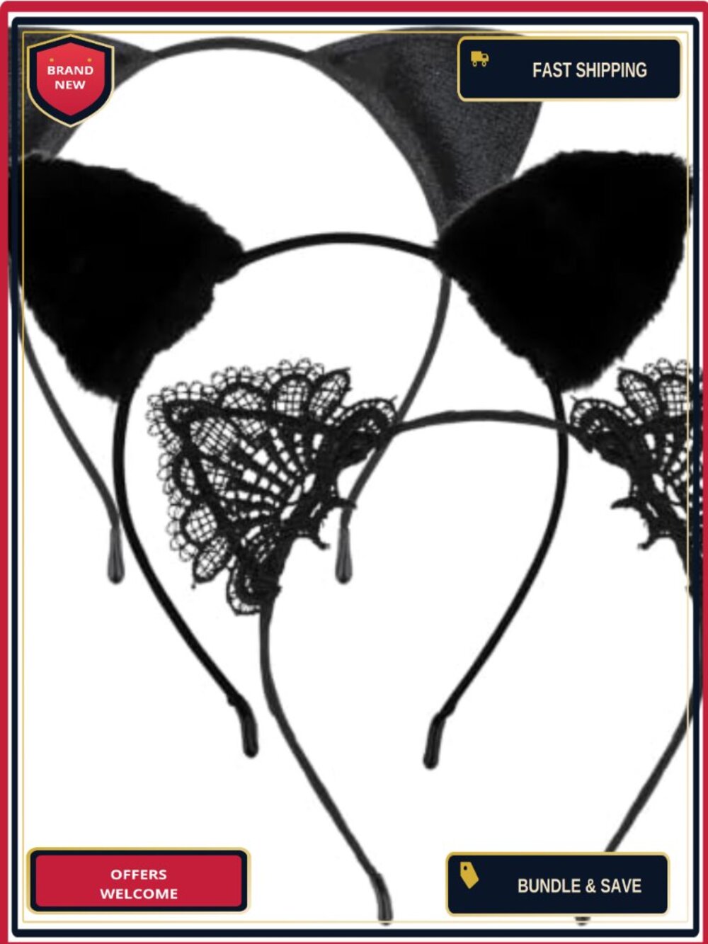 Cat Ears Headband Set Plush Lace Glitter Halloween Costume Hair Accessory